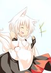  1girl animal_ears bare_shoulders blush breasts closed_eyes detached_sleeves fang fingerless_gloves gloves inubashiri_momiji kokutei_n looking_at_viewer open_mouth pom_pom_(clothes) short_hair silver_hair small_breasts solo tail touhou wolf_ears wolf_tail 