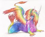  big_breasts breasts crayon dragon feathers female gring hair horn multi-colored_hair rainbow_hair solo t3gray traditional_media wings 