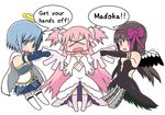  &gt;_&lt; akemi_homura akuma_homura argyle argyle_legwear bare_shoulders bentoss_detritus black_gloves black_hair black_wings blue_eyes blue_hair blush bow chibi choker d: dress dx elbow_gloves english feathered_wings gloves hair_bow hairband highres human_tug_of_war kaname_madoka long_hair looking_at_another magical_girl mahou_shoujo_madoka_magica mahou_shoujo_madoka_magica_movie md5_mismatch miki_sayaka multiple_girls open_mouth pink_hair purple_eyes short_hair simple_background speech_bubble spoilers thighhighs two_side_up ultimate_madoka white_background white_gloves white_legwear wings zettai_ryouiki 