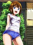  blue_eyes blush brown_hair casual kousaka_yukiho looking_at_viewer love_live! love_live!_school_idol_project open_mouth short_hair short_shorts shorts smile solo tetsujin_momoko 