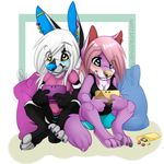  anthro blue_eyes blush candy canine duo female fox fur gaming hair mammal nintendo_3ds piercing pillow purple_fur smile wolf wolflady yellow_eyes 