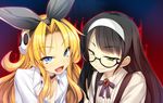  2girls black_hair blonde_hair blue_eyes cauliflower_(artist) collar erectlip game_cg glasses green_eyes headband little_do_s_bitch long_hair multiple_girls rena_(little_do_s_bitch) rika_(little_do_s_bitch) smirk 