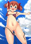  absurdres arms_up bikini blue_eyes blush breasts brown_hair cloud day hair_ribbon highres navel nipples nude open_mouth original pussy ribbon short_hair sky small_breasts solo striped striped_bikini sukesan swimsuit uncensored wardrobe_malfunction 