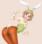  aiba_yumi animal_ears ass black_eyes blonde_hair bunny_ears bunnysuit detached_collar gokubuto_mayuge idolmaster idolmaster_cinderella_girls leaning_forward pantyhose short_hair solo wrist_cuffs 