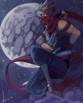  bandage belt capcom cloud face_mask half_mask half_moon highres japanese_clothes john_liriano male male_focus mask moon night ninja red_scarf scarf solo spiked_hair star stars strider_(video_game) strider_hiryuu sword weapon 