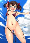  arms_up bikini blue_eyes blush breasts brown_hair cloud day hair_ribbon highres navel nipples nude open_mouth original pussy ribbon short_hair sky small_breasts solo striped striped_bikini sukesan swimsuit uncensored wardrobe_malfunction 