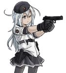  :/ adapted_costume aiming alternate_costume black_gloves blue_eyes ergot faux_traditional_media finger_on_trigger gloves gun handgun hat hibiki_(kantai_collection) highres holding holding_gun holding_weapon kantai_collection long_hair mp443 one_eye_closed pantyhose school_uniform serafuku simple_background sketch sleeves_folded_up solo star thighhighs verniy_(kantai_collection) weapon white_background white_hair 