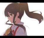  akagi_(kantai_collection) alternate_hairstyle bad_id bad_pixiv_id brown_eyes brown_hair food food_on_face japanese_clothes kantai_collection letterboxed long_hair muneate ponytail portrait profile rice rice_on_face solo yukichi_(eikichi) 