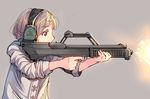  blonde_hair blue_eyes commentary daito firing gun headset neostead original short_hair shotgun solo weapon 