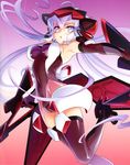  absurdres armpits bare_shoulders bodysuit breasts covered_navel dual_wielding elbow_gloves gloves gradient gradient_background headgear highres holding large_breasts lavender_hair leg_up long_hair official_art purple_eyes scan senki_zesshou_symphogear solo thighhighs weapon weiss_schwarz yoshii_dan yukine_chris 