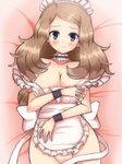  alternate_costume apron bed_sheet blue_eyes blush bottomless bow breasts brown_hair chro_(rulurullu) enmaided frills groin large_breasts long_hair looking_at_viewer lying maid maid_apron maid_headdress naked_apron off_shoulder on_back on_bed pokemon pokemon_(anime) serena_(pokemon) solo wrist_cuffs 