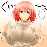  1girl :&lt; blue_eyes breasts clothes_pull commentary_request expressionless gradient gradient_background highres large_breasts looking_at_viewer original red_hair ribbed_sweater short_hair solo spoken_ellipsis sweater sweater_pull turtleneck watarui 