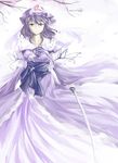  arm_garter dress grey_eyes hat katana kz_nagomiya long_sleeves looking_at_viewer purple_dress purple_hair saigyouji_yuyuko sash solo sword touhou tree triangular_headpiece veil weapon wide_sleeves wind 