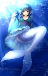  bad_id bad_pixiv_id banned_artist blue_eyes blue_hair blue_nails breasts fish head_fins highres japanese_clothes kimono large_breasts looking_at_viewer mermaid monster_girl nail_polish obi open_mouth sash smile solo sunlight touhou tsukiriran underwater wakasagihime 