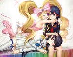  aki99 big_hair black_hair blonde_hair blue_eyes blush boots bow breasts closed_eyes dress drill_hair epaulettes eyepatch hair_bow harime_nui highres hug huge_bow junketsu kill_la_kill kiryuuin_satsuki lap_pillow life_fiber long_hair lying_on_person matoi_ryuuko multicolored_hair multiple_girls one_eye_closed pink_bow pink_footwear red_string school_uniform senketsu short_hair skirt small_breasts smile strapless strapless_dress string twin_drills twintails two-tone_hair wrist_cuffs 