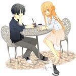  1girl asuna_(sao) black_cat black_eyes black_hair brown_eyes casual cat chair halya kirito long_hair long_legs orange_hair pavement short_hair sitting sword_art_online table white_cat 