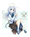  angora_rabbit animal blue_eyes blue_hair blush bunny copyright_name crown cup dress_shirt fork full_body gochuumon_wa_usagi_desu_ka? hair_ornament hairclip holding kafuu_chino knife lace long_hair long_skirt long_sleeves looking_to_the_side mary_janes neck_ribbon on_head rabbit_house_uniform ribbon shiro_(m0c_0m) shirt shoes silhouette skirt socks teacup tippy_(gochiusa) uniform vest waitress white_legwear x_hair_ornament 