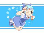  ;q blue_background blue_eyes blue_hair bow character_name cirno dress flying full_body hair_bow hand_on_own_head highres legs_folded looking_at_viewer mary_janes one_eye_closed petite puffy_short_sleeves puffy_sleeves shoes short_hair short_sleeves simple_background snowflakes socks solo tongue tongue_out touhou v wings yu_(unleashedrage) 