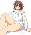 ahoge arm_support banned_artist breasts brown_hair eno_konoe eyebrows huge_breasts long_sleeves mikomu original overalls plump red_eyes short_hair sitting smile solo suspenders thick_eyebrows thick_thighs thighs 