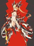  armor blonde_hair breasts cleavage covered_navel expressionless full_body headgear highres holding holding_sword holding_weapon kazemura leotard long_hair long_sleeves looking_to_the_side machinery mecha_musume medium_breasts original ponytail red_eyes skin_tight solo standing sword thighhighs very_long_hair weapon 