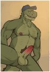  alligator amwulf anthro balls biceps big_muscles clayton_(amwulf) erection hat humanoid_penis male muscles nipples nude pecs penis plain_background pose pubes reptile scalie solo spread_legs spreading 
