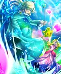  battle blonde_hair blue_eyes chiko_(mario) crown dress gameplay_mechanics hair_over_one_eye heart highres kagomesarrow long_hair mario_(series) multiple_girls princess_peach rosetta_(mario) slender_waist star super_mario_bros. super_mario_galaxy super_smash_bros. wand 