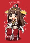  :d ahoge boots brown_hair commentary conga_drums detached_sleeves drum eighth_note hair_bun hairband headgear hiraga_matsuri instrument kantai_collection kongou_(kantai_collection) musical_note nontraditional_miko open_mouth pun red_background simple_background skirt smile solo sparkle thigh_boots thighhighs translated wide_sleeves 