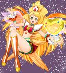  adapted_costume alternate_form blonde_hair boots breasts choker cleavage coconut_samba cure_honey earrings eyelashes green_choker gurawan7 hair_ornament happinesscharge_precure! happy highres jewelry knee_boots kneehighs large_breasts long_hair looking_at_viewer magical_girl midriff navel oomori_yuuko open_mouth orange_footwear ponytail precure samba skirt smile solo wrist_cuffs yellow_eyes 