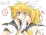  1boy 1girl bass_clef blonde_hair blue_eyes brother_and_sister closed_eyes kagamine_len kagamine_rin kiss kiss_day kuroi_(liar-player) short_hair siblings vocaloid 