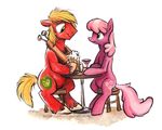  big_macintosh_(mlp) blonde_hair cheerilee_(mlp) cider couple cutie_mark duo equine female foam freckles friendship_is_magic glass green_eyes hair horse male mammal martini_glas martini_glass my_little_pony pink_hair plain_background pony sitting sophiecabra stool table two_tone_hair white_background 