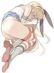  animal_ears ass blade_(galaxist) blonde_hair bunny_ears commentary_request curled_up elbow_gloves full_body gloves kantai_collection long_hair lying no_panties pleated_skirt shimakaze_(kantai_collection) simple_background skirt solo striped striped_legwear thighhighs white_background 