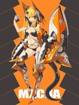  armor bangs bare_shoulders bikini_armor black_bra black_gloves black_panties blunt_bangs blush bra breasts cleavage collarbone criss-cross_halter full_body gloves halter_top halterneck headgear highres kazemura machinery magatama mecha_musume medium_breasts midriff navel orange_eyes orange_hair original panties simple_background single_glove smile solo tail underwear 