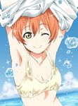  ;) armpits arms_up bikini_top blush closed_mouth ginmaru hoshizora_rin looking_at_viewer love_live! love_live!_school_idol_project one_eye_closed orange_hair short_hair smile solo undressing water yellow_eyes 