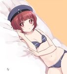  adapted_costume blue_bra blue_panties blush bob_cut bra breasts brown_hair clothes_writing hat kantai_collection lying mirakururu navel on_side panties purple_eyes sailor_hat short_hair small_breasts solo underwear underwear_only z3_max_schultz_(kantai_collection) 