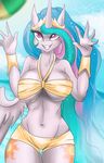  anthro beach breasts clothing cloud crown cutie_mark equine female fingers friendship_is_magic fur fur-what-loo hair hands hi_res horn long_hair looking_at_viewer mammal multi-colored_hair my_little_pony navel pink_eyes princess_celestia_(mlp) purple_eyes seaside sky smile solo standing swim_suit teeth white_fur winged_unicorn wings 