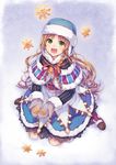  :d bad_id bad_pixiv_id bell belt boots braid capelet fur_trim green_eyes happy hat knee_boots kneeling light_brown_hair mittens natsu_natsuna open_mouth original ribbon side_braid smile snowflakes solo striped winter_clothes 
