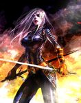  89g artist_name belt blue_eyes bodysuit dc_comics eyepatch fire gloves lipstick long_hair makeup ravager rose_wilson smoke solo sword weapon white_hair 