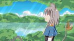  absurdres animal_ears basket blue_sky capelet cloud day glint grey_hair highres light_rays mouse mouse_ears mouse_tail nazrin open_mouth outdoors profile red_eyes reflection short_hair sky solo sunbeam sunlight tail touhou tree water 