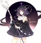  2014 adapted_costume bare_shoulders bishoujo_senshi_sailor_moon black_dress detached_sleeves dress holding holding_spear holding_weapon looking_at_viewer nardack object_namesake polearm purple_eyes purple_hair sailor_saturn saturn saturn_symbol signature silence_glaive solo spear tomoe_hotaru weapon wide_sleeves 