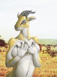  antelope anthro bedroom_eyes blue_eyes blurred_background breasts brown_nose color covered_nipples covering curved_horns felixspeagel female front fur grey_horns half-closed_eyes holding_breast hooved_fingers horn landscape_background looking_at_viewer low_res navel nippleless photo_background pinup pointy_ears pose presenting shiny shiny_skin small_breast small_nose smile solo standing teasing turned_head uppercut white_fur yellow_fur 