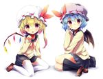  :o alternate_costume bag bat_wings blonde_hair blue_hair blush fang flandre_scarlet hat long_hair looking_at_viewer multiple_girls nail_polish red_eyes remilia_scarlet school_uniform serafuku short_hair siblings simple_background sisters skirt socks thighhighs touhou uta_(kuroneko) white_background white_legwear wings zettai_ryouiki 