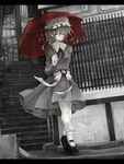  ankle_socks arm_behind_back blonde_hair dress hat high_heels highres kuro_ni letterboxed looking_at_viewer maribel_hearn mary_janes mob_cap muted_color one_eye_closed railing rain shoes short_hair smile solo spot_color stairs touhou umbrella 
