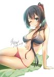  2014 ;p agano_(kantai_collection) alternate_hairstyle arm_support bikini black_hair breasts dated grey_eyes kantai_collection large_breasts long_hair looking_at_viewer one_eye_closed ponytail shiny shiny_skin simple_background solo swimsuit tilt-shift tongue tongue_out white_background 