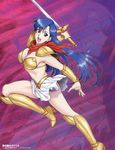  armor asou_yuuko bikini_armor blue_eyes blue_hair cover cover_page highres manga_cover mugen_senshi_valis red_scarf scarf sega sword telnet valis weapon zol 