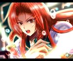  alternate_eye_color bad_id bad_pixiv_id bow braid fingernails glowing glowing_eyes hair_bow hong_meiling letterboxed light_particles light_trail long_hair looking_at_viewer open_mouth red_eyes red_hair solo touhou twin_braids upper_body wendell 