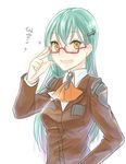  bespectacled blush fukuroumori glasses green_hair kantai_collection long_hair solo suzuya_(kantai_collection) yellow_eyes 