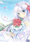  bare_shoulders blue_eyes blue_flower blue_rose bouquet bridal_veil bride choker dress elbow_gloves flower gloves hammer_and_sickle hibiki_(kantai_collection) iris_yayoi jewelry kantai_collection long_hair necklace red_flower red_rose rose silver_hair smile solo star veil verniy_(kantai_collection) wedding_dress 