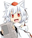  animal_ears bare_shoulders detached_sleeves hat holding inubashiri_momiji kokutei_n looking_at_viewer open_mouth paper pom_pom_(clothes) red_eyes short_hair silver_hair simple_background solo tail tokin_hat touhou white_background wolf_ears wolf_tail 