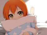  barefoot blue_shirt blush hoshizora_rin long_sleeves looking_at_viewer love_live! love_live!_school_idol_project lying ogipote orange_hair pillow pillow_hug shirt short_hair sleepwear solo yellow_eyes 