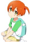  backpack bag blush green_eyes hair_bobbles hair_ornament hoshizora_rin love_live! love_live!_school_idol_project ogipote orange_hair randoseru shirt short_hair short_sleeves side_ponytail skirt smile socks solo white_background yellow_skirt younger 